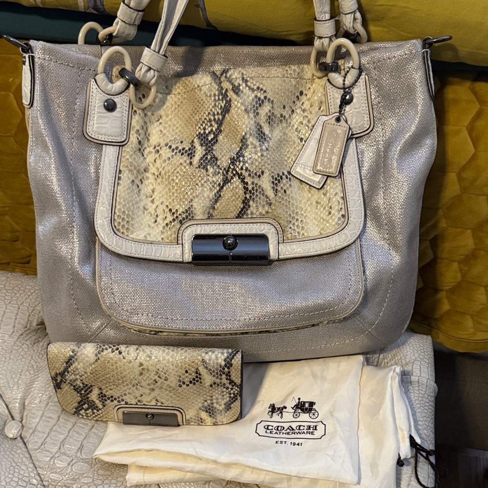 Coach Metallic Silver and Snake Print Shoulder Bag